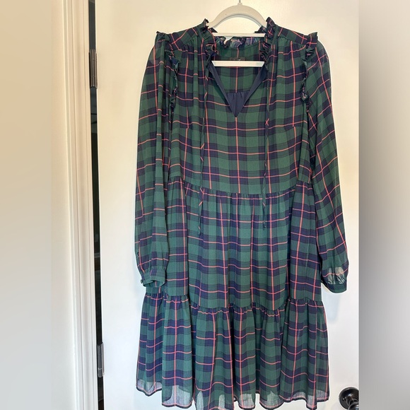 J. Crew Tie Neck Tiered Dress Black Watch Tartan Plaid, size Medium NWOT - Picture 4 of 11